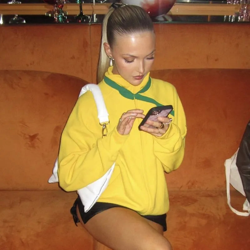 Y2k Winter Vintage New American Fashion Brazil Embroidery Zip Up Hoodies Women Casual Loose Warm Sweatshirt Harajuku Jacket Coat