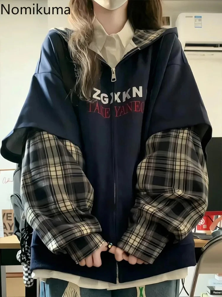 Patchwork Plaid Hoodies 2025 Women's Clothing Streetwear Fashion Sweatshirts Y2k Tops Thicked Hooded Casual Oversized Hoodie