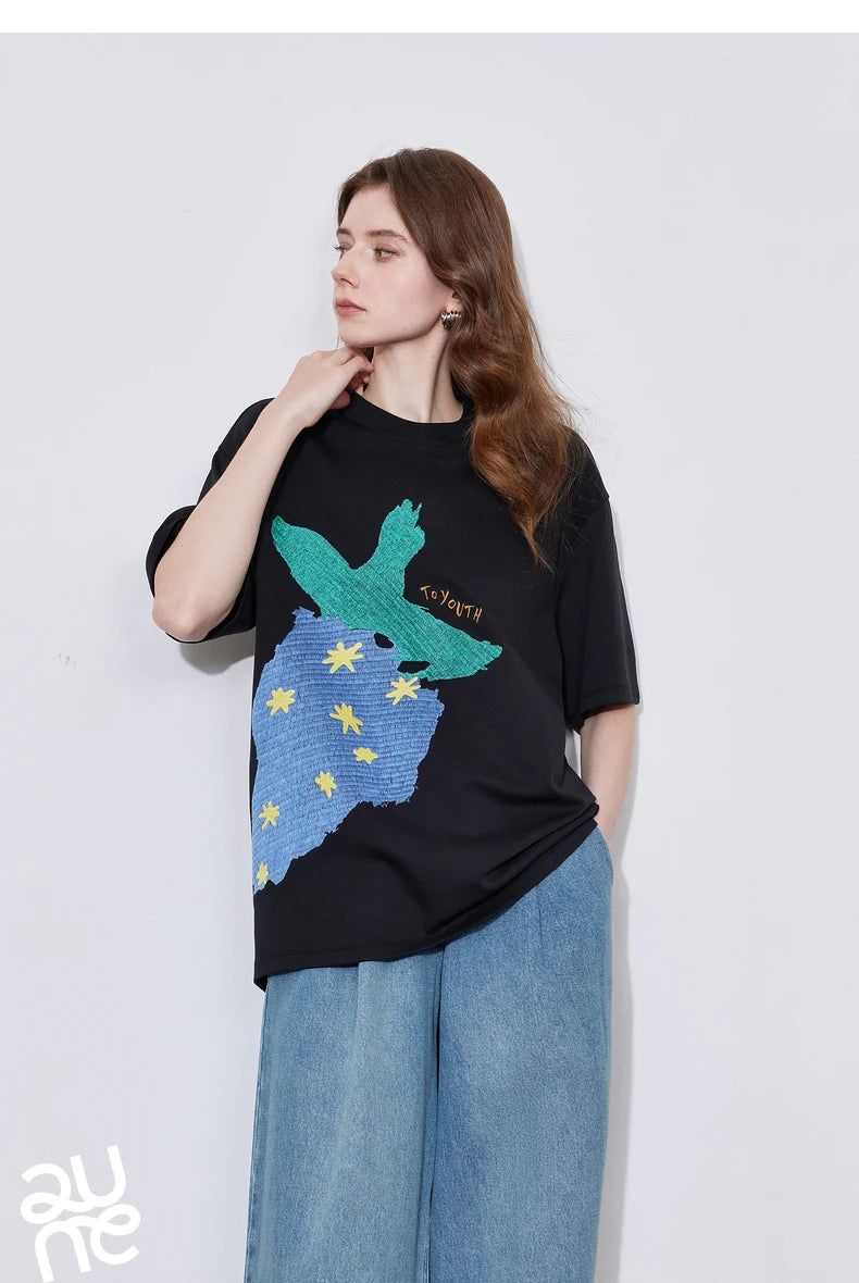 TOYOUTH Women Short Sleeve T-shirt 2025 Spring New Striped Strawberry Embroidered Round Neck Loose Pullover Tops