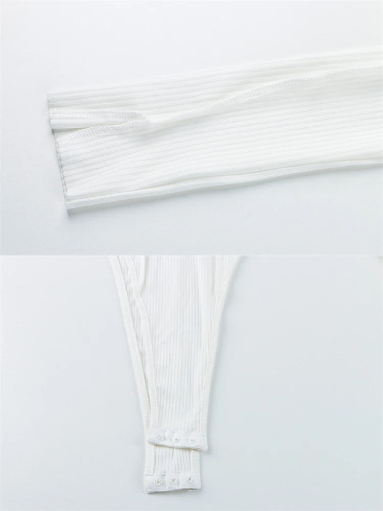 2023 Ribbed Knitted Long Sleeve Tie Up Sexy Bodysuit Bandage Patchwork Bodycon Club Party Body Women Outfit High Waist Top