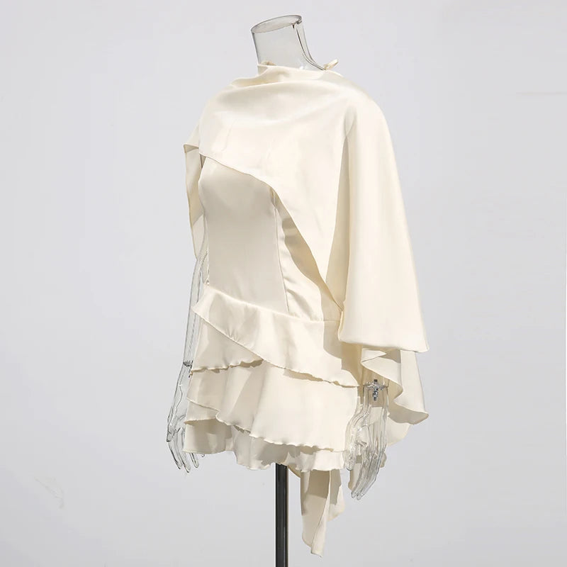 TWOTWINSTYLE Solid Spliced Ruffles Slimming Dresses For Women O Neck Sleeveless High Waist Temperament Mini Dress Female Fashion