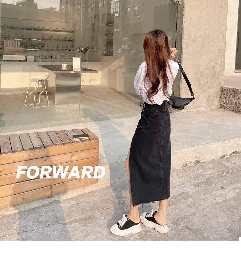 Mid-Length Denim Mini Skirt for Women High Waist Slimming Split Knee-Length Summer Trendy Cotton Half Body Skirts