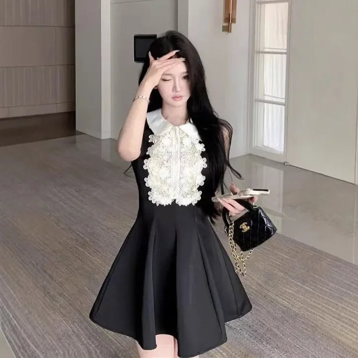 French Style Lace Doll Collar Vest Dress Women Summer Mini Skirt Waist Cinching Sleeveless Black Dress Polo Neckline Polyester F