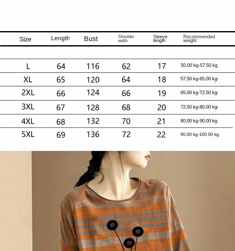 Contrast Color Striped Short-sleeved T-shirt for Women 2025 Summer New Loose Plus Size Top