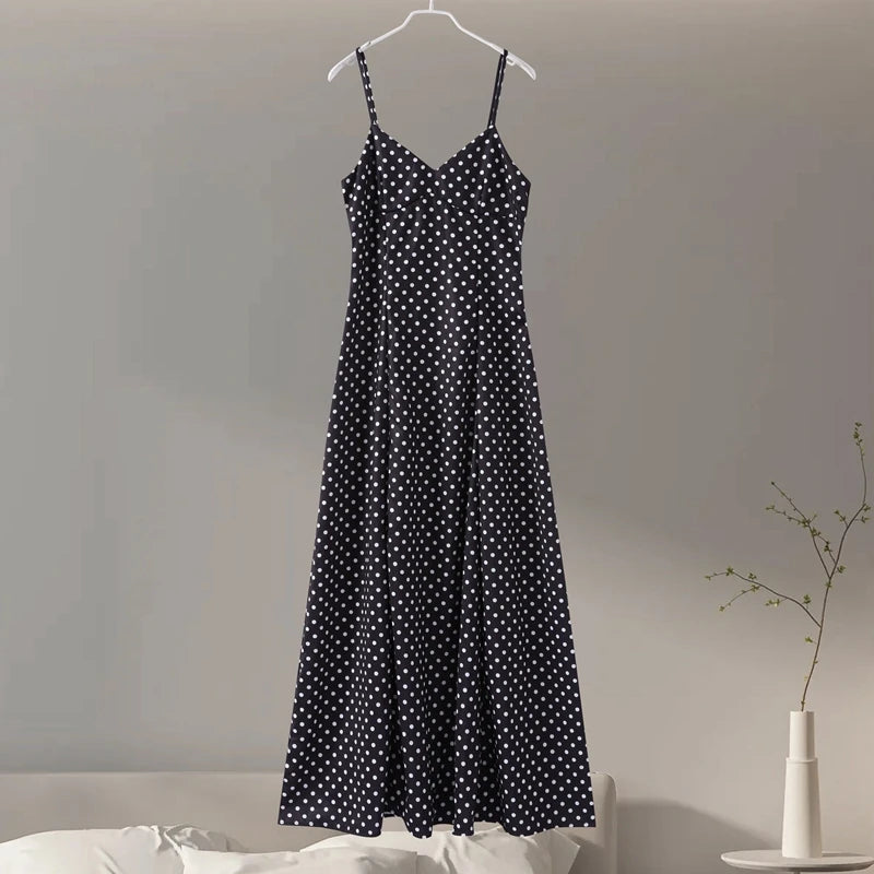 Retro Polk Dot Long Dress With Ribbon Women Sexy Low Cut Sleeveless Pleated Slim Evening Dresses Female Spring Chic Street Party