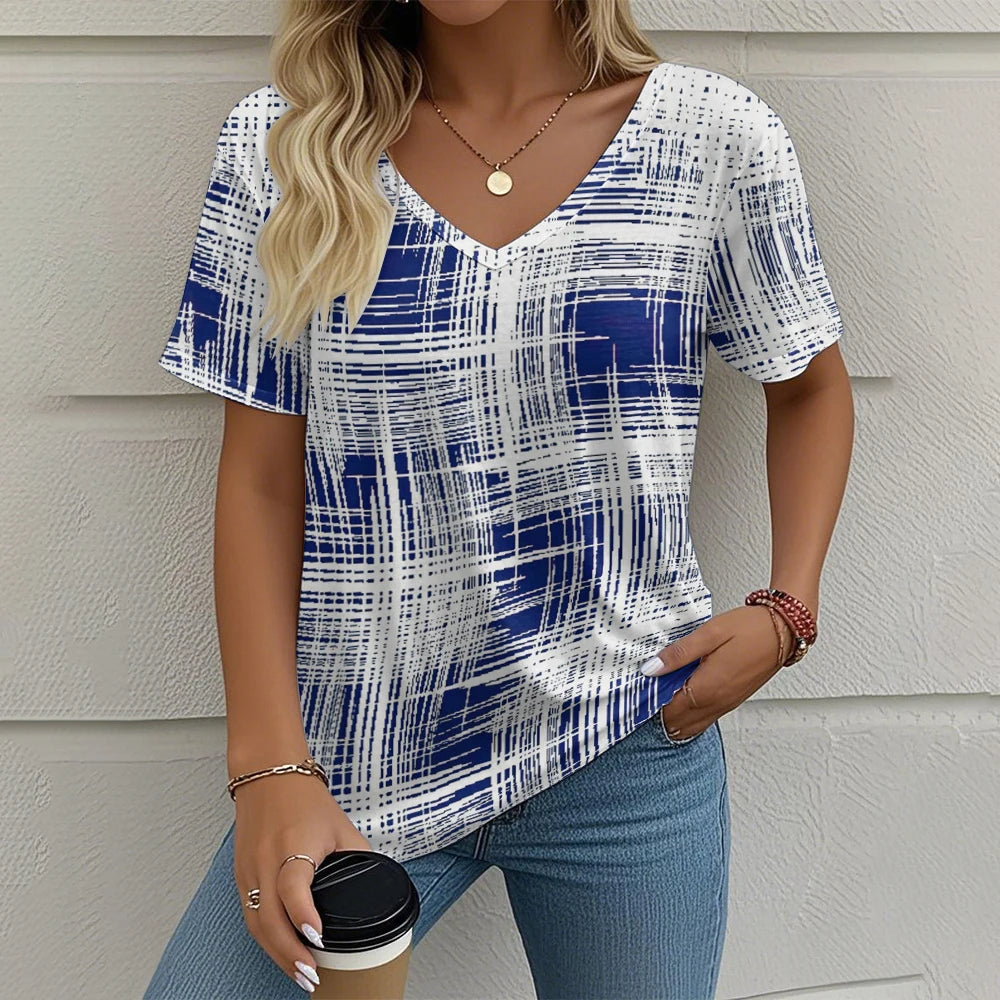Summer Vintage Women's T-shirt Casual Plaid Pattern Printed Clothing Outdoor V-neck Short Sleeve Top Fashion Street T-Shirts