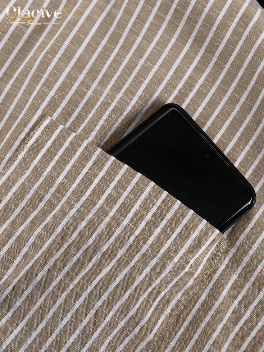 Clacive Vintage Loose Brown Stripe Women Shirts 2025 Fashion Stand Collar Long Sleeve Shirt Elegant Classic Top Female Clothing