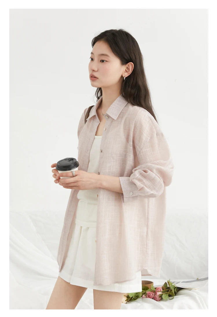 CHIC VEN New Women Shirt Retro Loose Casual Single Breasted Long Sleeve Back Slit Thin Transparent Female Blouses Summer 2025