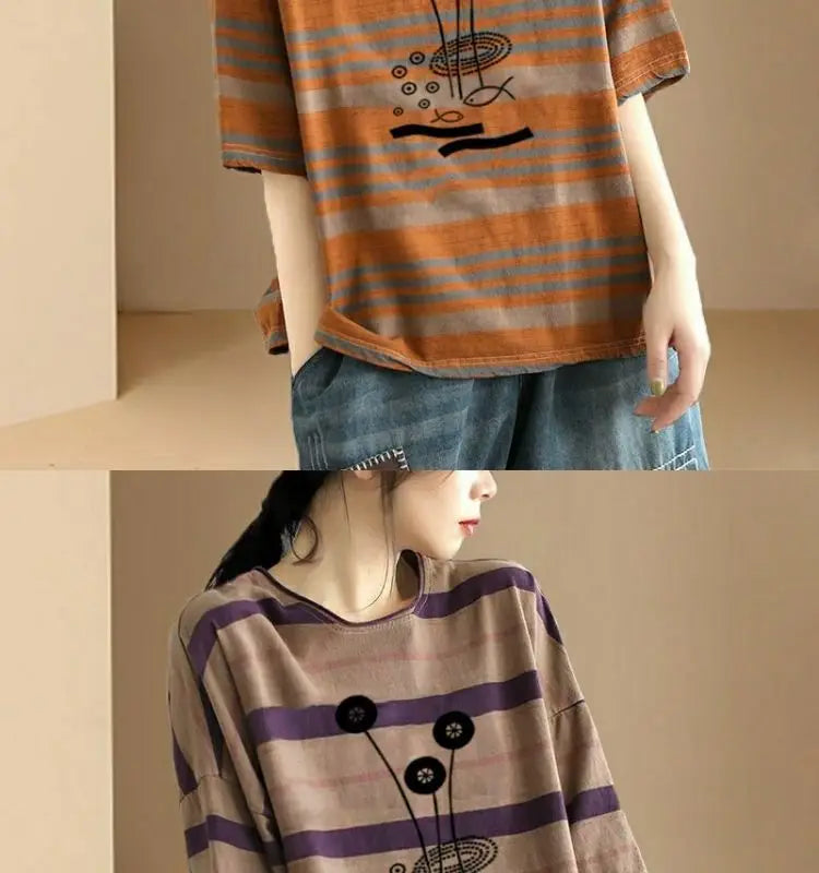 Contrast Color Striped Short-sleeved T-shirt for Women 2025 Summer New Loose Plus Size Top