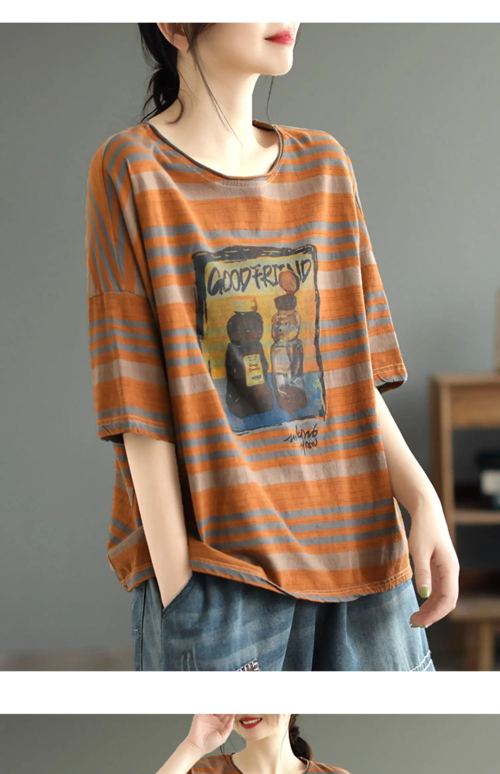 plus Size Women's Cotton T-irt ort Sve Slimming Top Summer Street Sle Printed round Ne Loose Fit Casual Wear