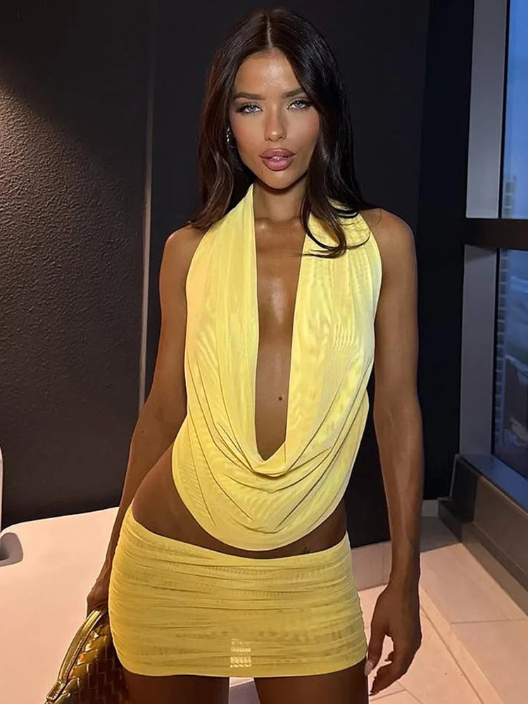 kliou Mesh Swinging Pleated Women 2 Piece Set Summer Solid Simple Halter Backless Chic Tops+Shirring Mini Skirts Coordinate Suit