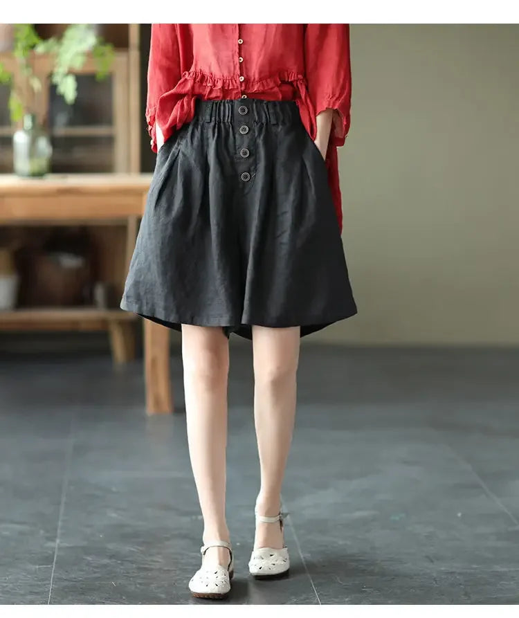 Vintageartistic High-waisted Slimming Cotton Linen Shorts For Women Casual Loose-fit Bell Bottoms 2024 New Style