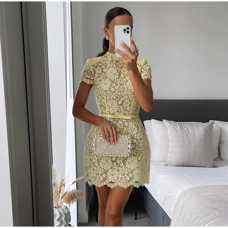 Chic Butter Yellow Lace Print Mini Dress Women's Elegant Short Sleeve O-neck High Waist Gowns 2025 Lady Holidays Street Vestidos