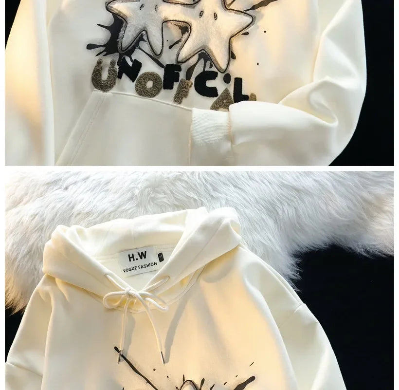 American Style Street Flocking Star Hooded Sweatshirt For Men Women Couple Loose Fit Oversize Spring Autumn Thin Jacket