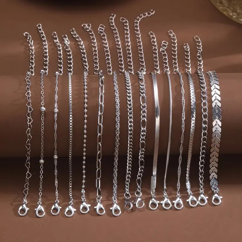 15 Piece Set Silver Color Chain Bead Bracelets for Women Simple Elegant Vacation Beach Party Casual Jewelry Versatile Daily Wear