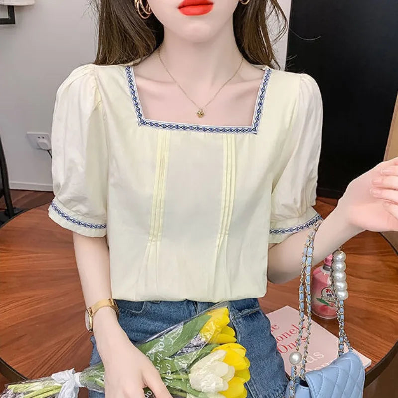 Women Clothing Summer Korean Fashion Embroidered Solid Color Square Collar Puff Sleeve Femme All-match Pleated Short Sleeve Tops