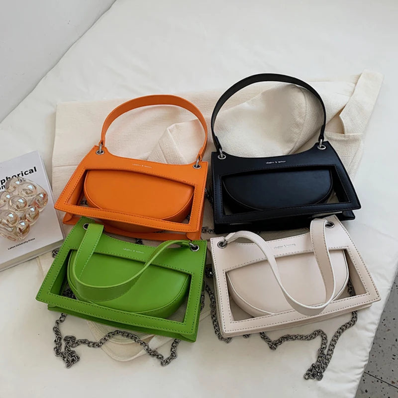 Hollow Out Design Women Underarm Bags Solid Colour Zipper Casual Female Handbags Simple Trend Chain Ladies Trapeze Bags