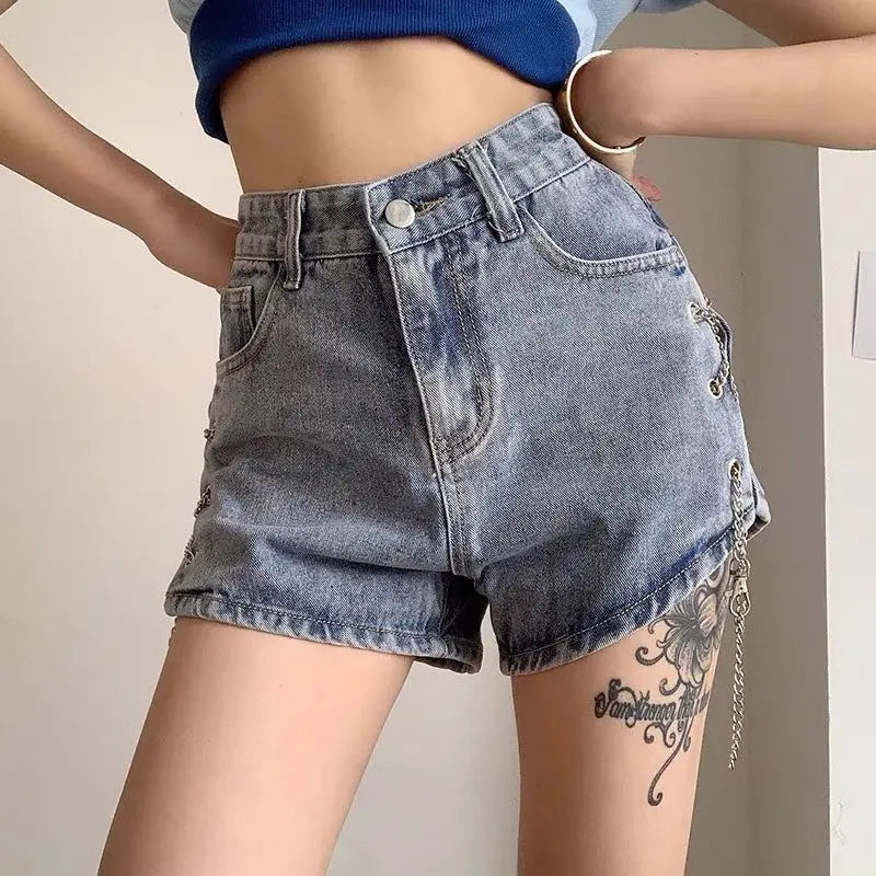 Oversized Chain Jeans Female Fashionable High Waist Irregular Trend Sexy Slim Shorts Women Clothes Fashion Zipper Wide Leg Pants
