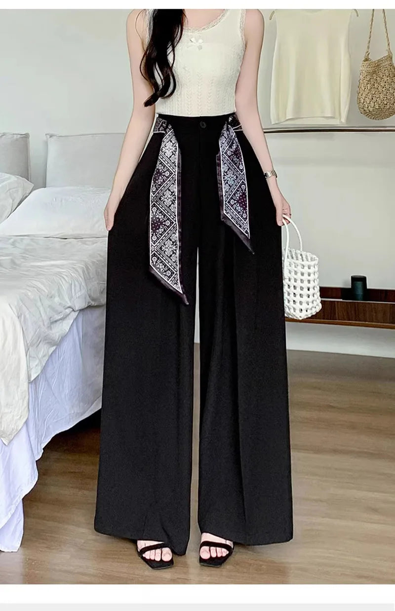Zoki Chic Lace Up Suit Wide Leg Pant Women Elegant Loose High Waist Bow Trousers Korean Fashion Female Casual Sweet Pants New
