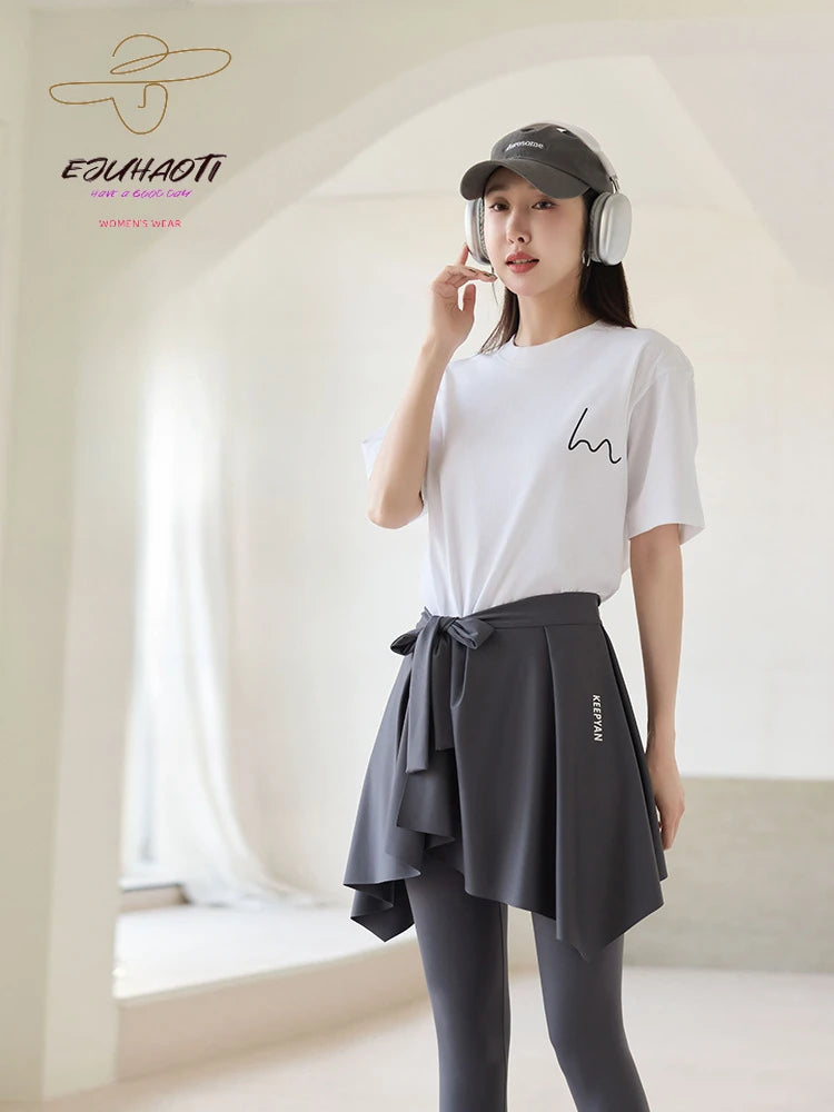 One-piece Skirt Women's Yoga Butt Curtain Sports Tennis Fitness Lace Up Irregular Mini Kirt Outer Wrap Skirts Prevent Exposure