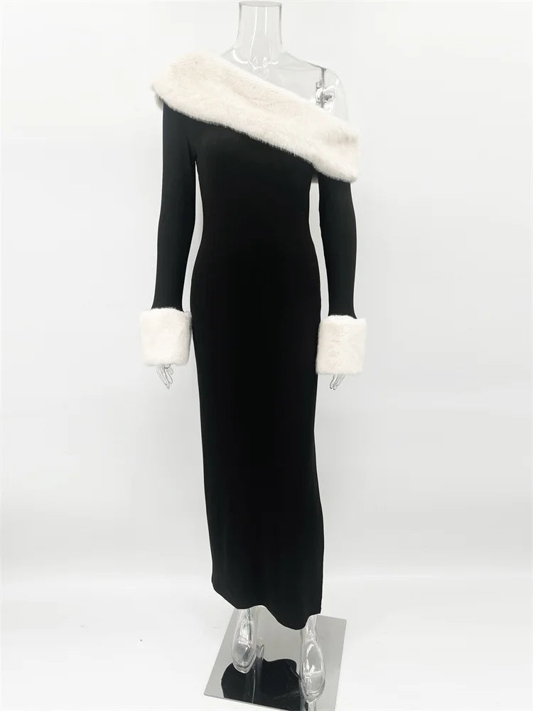 Tossy Fluffy Winter Slim Maxi Dress Female High Waist Long Sleeve Sexy Off-Shoulder Patchwork Bodycon Dress Ladies Party Dress