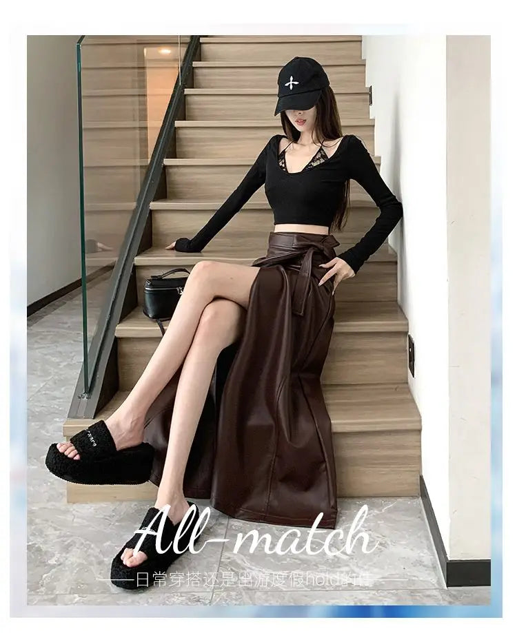 Women Clothing Autumn Winter Vintage Elegant Lace-up PU Leather Long Skirts Female Red High Waist Slim A-line Maxi Skirt Faldas