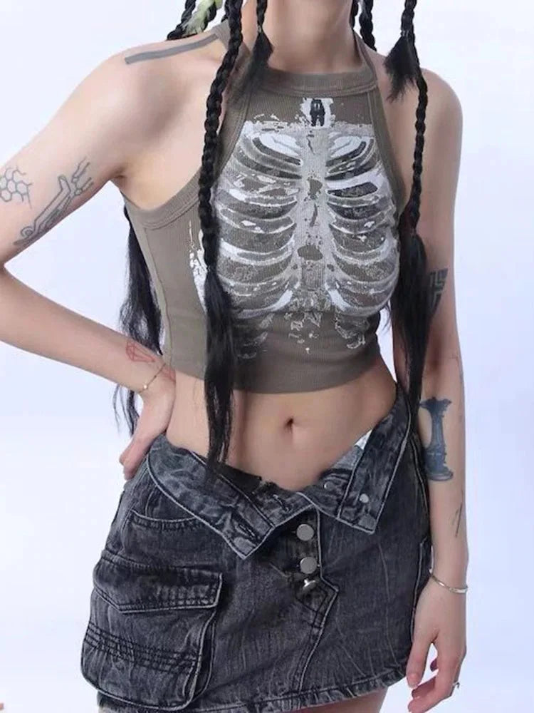 Punk Aesthetic Cyber Retro X-ray Skeleton Print Rib Sleeveless Vest ArmyGreen Crop Top Designer Clothes Women 2023 Summer Emo