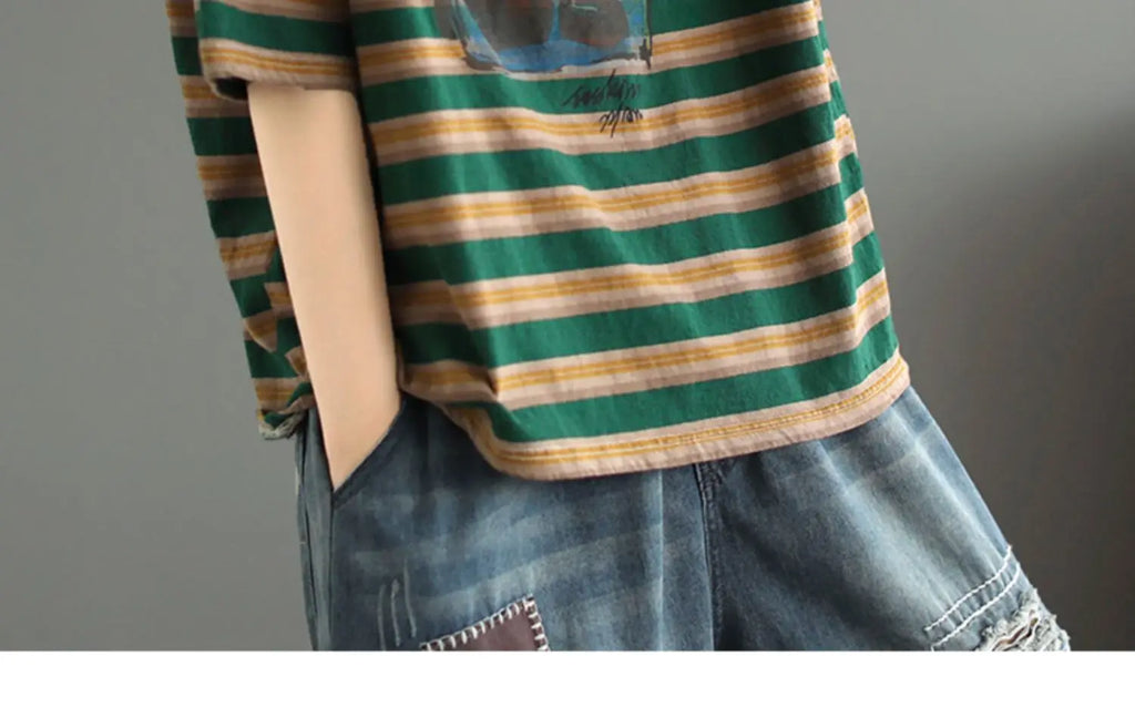 plus Size Women's Cotton T-irt ort Sve Slimming Top Summer Street Sle Printed round Ne Loose Fit Casual Wear