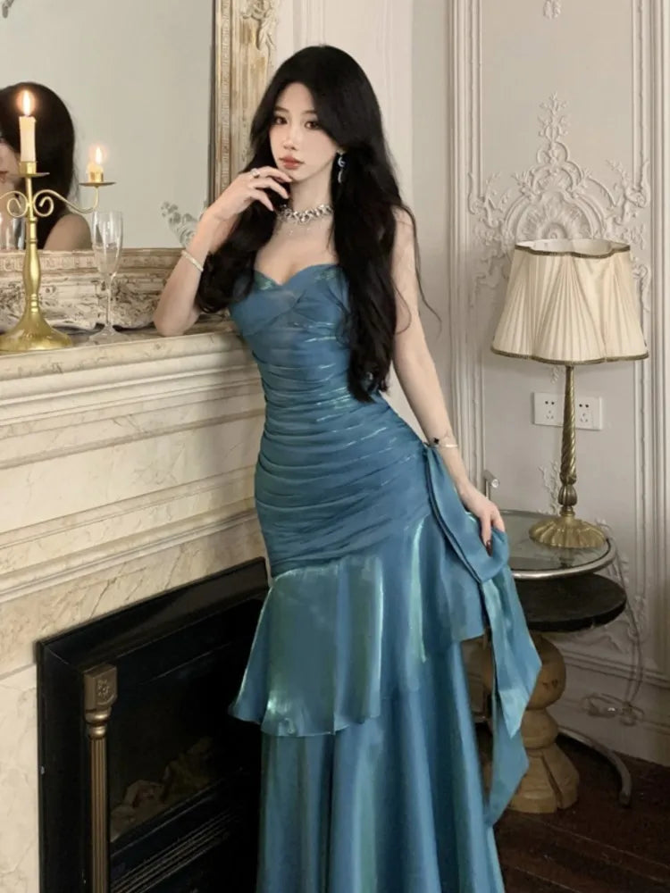 Sexy Shiny Glitter Mermaid Evening Party Prom Gowns Spring Summer Spaghetti Strap Ruffled Dresses Sleeveless Slim Waist Robe