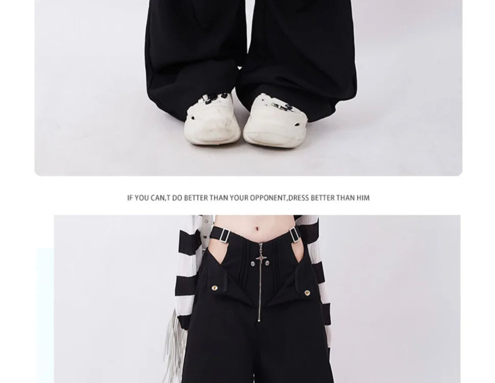 Hollow Out Zipper Design Pants Black Cargo Sweatpants Women Y2k Fashion Baggy High Waist Wide Leg Sport Pants Causal Trousers
