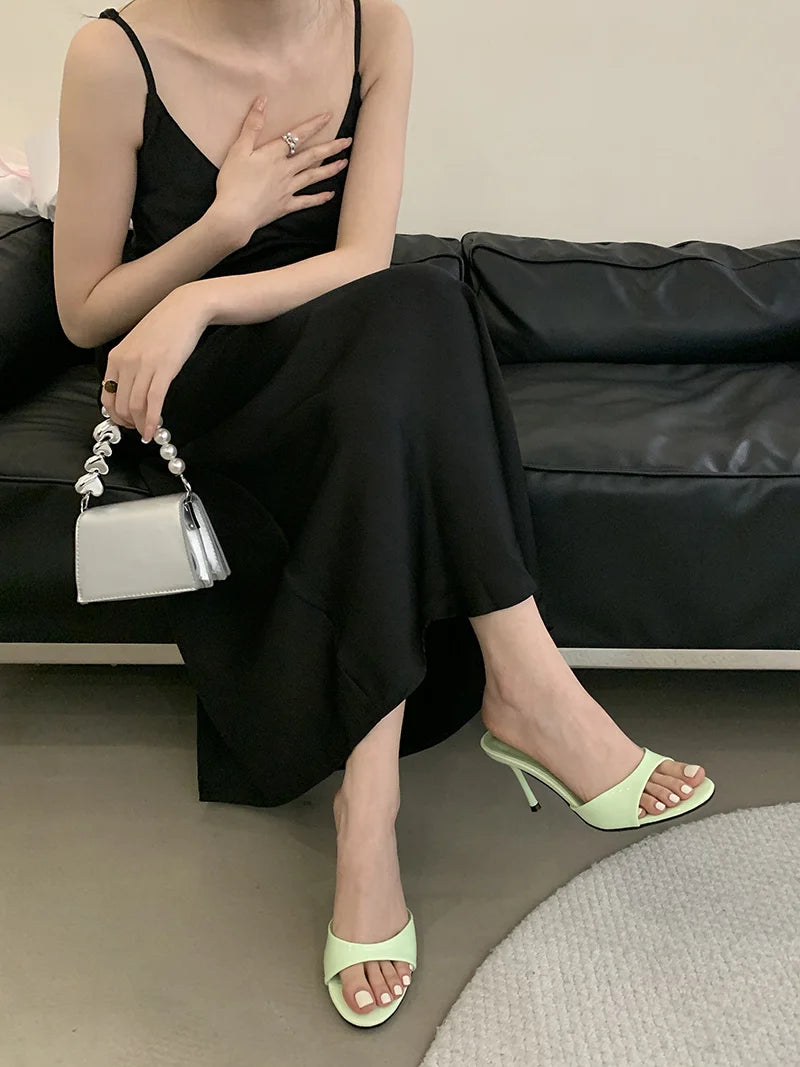 Liyke Wine Red Patent Leather Women Slippers Sandals Fashion Round Open Toe Thin High Heels Mules Slides Summer Party Dress Shoe