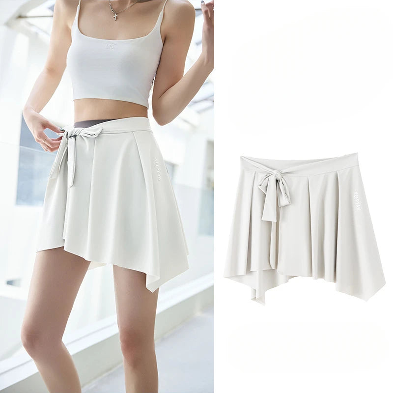 One-piece Skirt Women's Yoga Butt Curtain Sports Tennis Fitness Lace Up Irregular Mini Kirt Outer Wrap Skirts Prevent Exposure