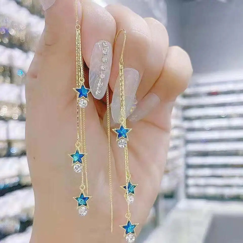 New Blue Heart Shaped Zircon Earrings For Women Light Luxury Long Tassel Ear Wire Dangle Earring Ladies Wedding Party Jewelry