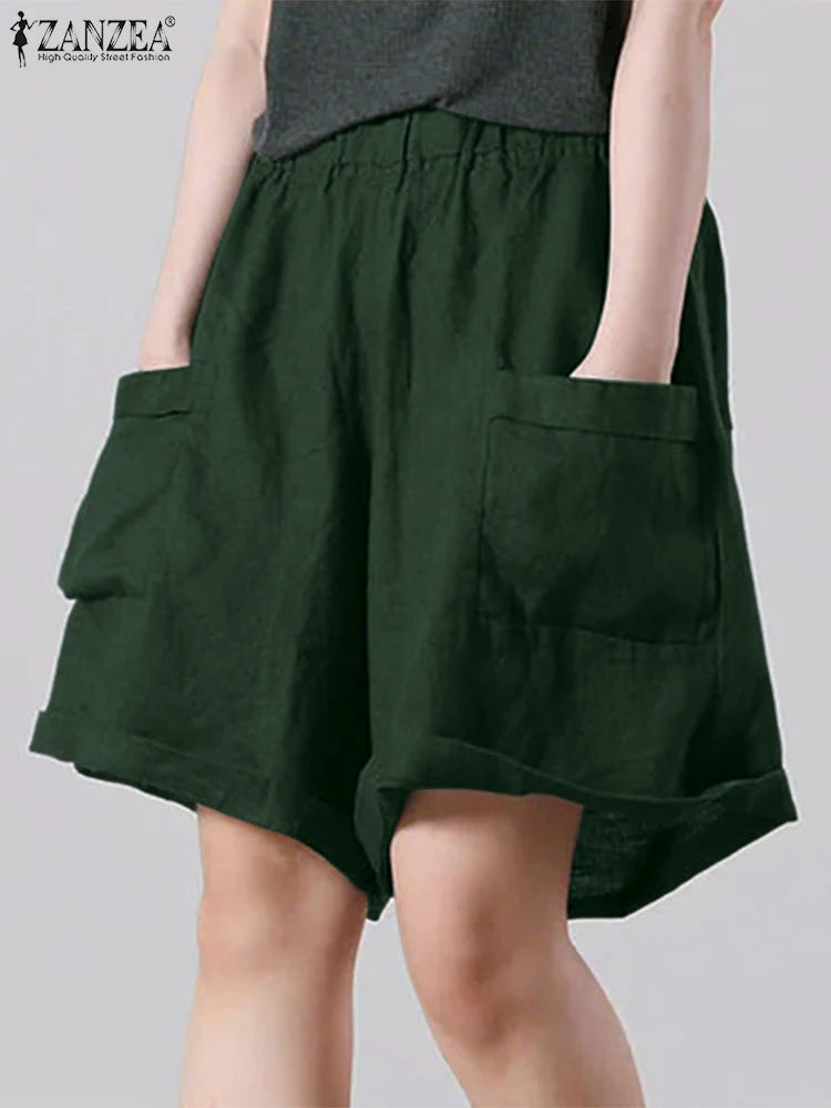 ZANZEA Vintage Summer Shorts Women Fashion High Elastic Waist Pantalons Pockets Solid Color Wide Leg Pants Casual Loose Shorts