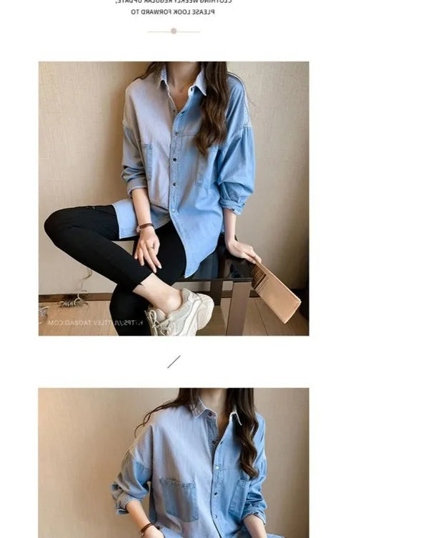 Womens' Splicing Striped Shirt Fashion Spring Autumn Versatile Thin Outerwears Korean Fashion Loose Blue Denim Jackets