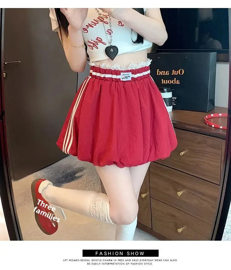 American Style Spliced Lace Stripe High Waist Half Skirt Women Summer Anti Exposure Flower Bud Puffy Short Skirt Polyester Fiber