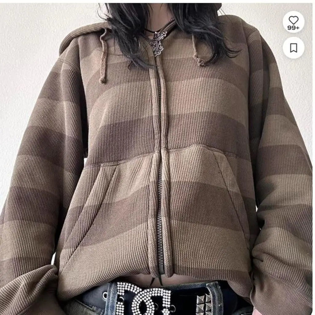 Combhasaki Women's Y2K Vintage Zip-up Loose Fit Sweatshirts Coat Aesthetic Striped Oversized Grunge Hooded Jacket with Pockets