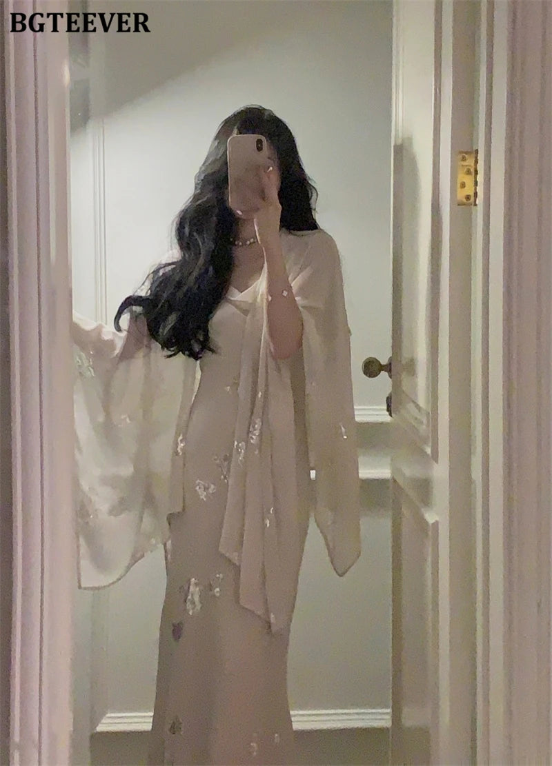 BGTEEVER Autumn Winte Slim OL Embroidery Set Long Sleeve Cardigans & Spaghetti Strap Package Hip Dress Ladies 2 Pieces Set