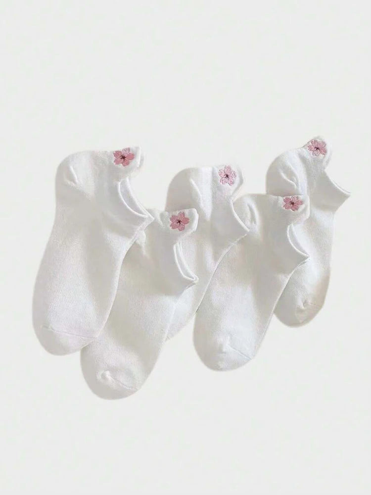 5 Pairs Women Cartoon Short Socks Trendy Versatile Cute Flower Pattern Socks Sweat Absorbing Breathable Soft And Casual Socks