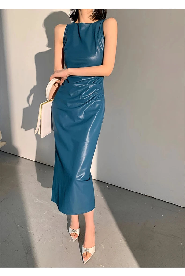 Lautaro Spring Autumn Sleeveless Backless Black Stretchy Blue Soft Faux Leather Midi Tank Dress Women Slim Fit Long Dresses 2023