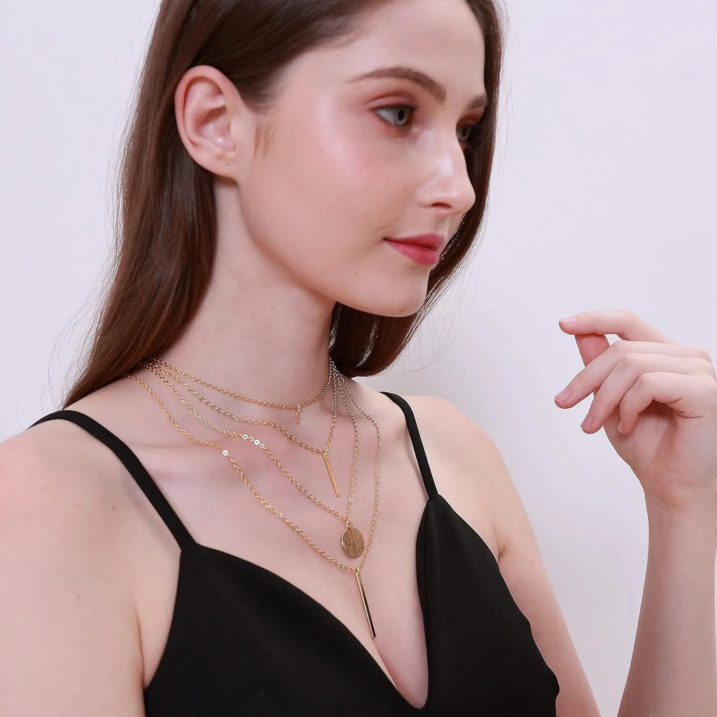 Layers Choker Necklace 14K Gold Silver Plated Y Pendant Necklace Multilayer Bar Necklace Adjustable Layer Necklace for Women