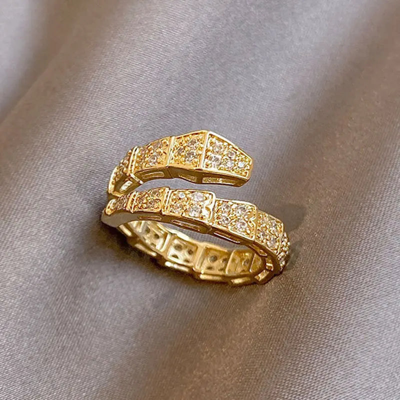 Trendy Snake Bone Shape Open Rings For Women Gold Silver Color Crystal Copper Ring Female Korean Daily Wear Jewelry Gift