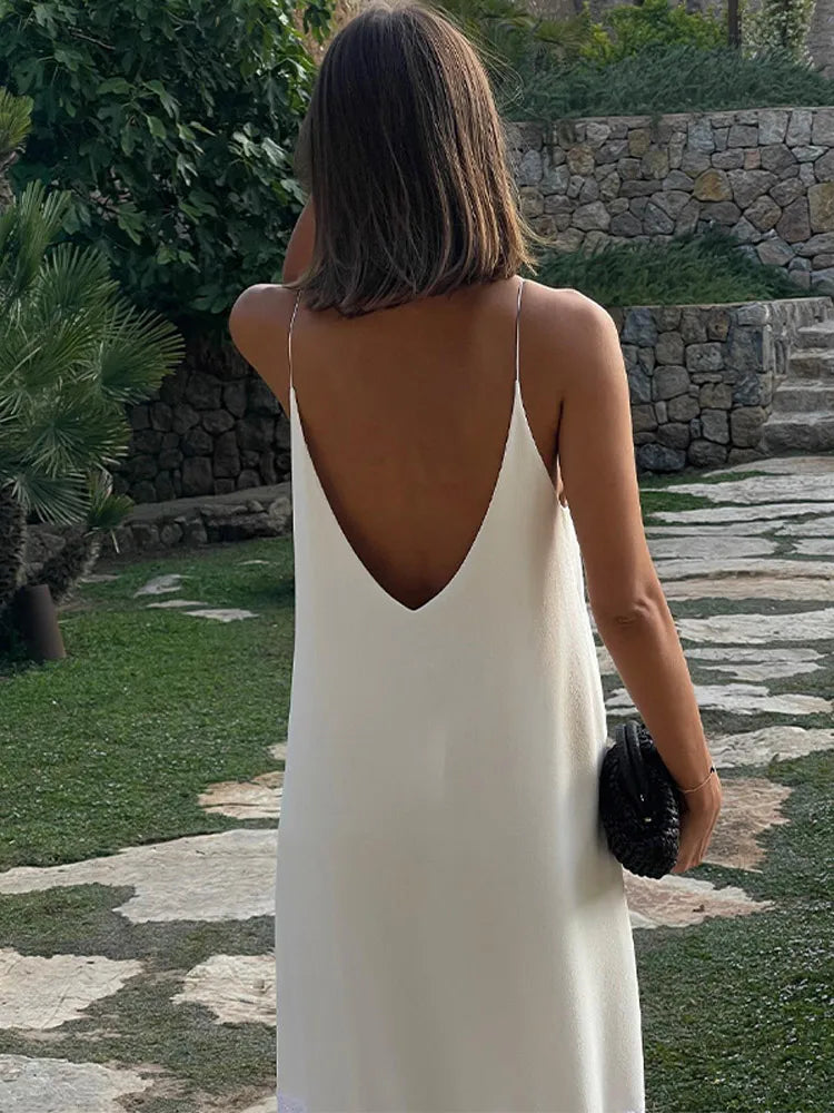 Elegant Women's Solid Backless Pleated Dress Fashion Patchwork Sleeveless Backless Long Dresses Lady Summer Holiday Beach Robes