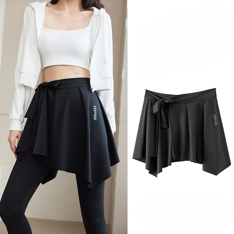 One-piece Skirt Women's Yoga Butt Curtain Sports Tennis Fitness Lace Up Irregular Mini Kirt Outer Wrap Skirts Prevent Exposure