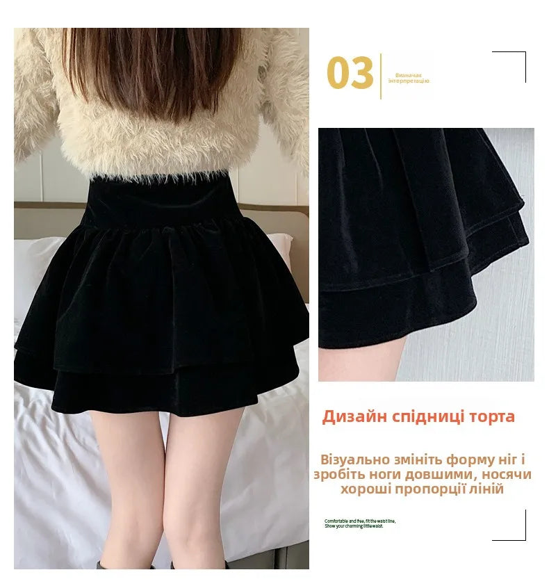 Bla Velvet Cake f Skirt Women's Autumn Winter High Waist A-Line Fluffy ort Skirt Small Size Pleated f Skirt