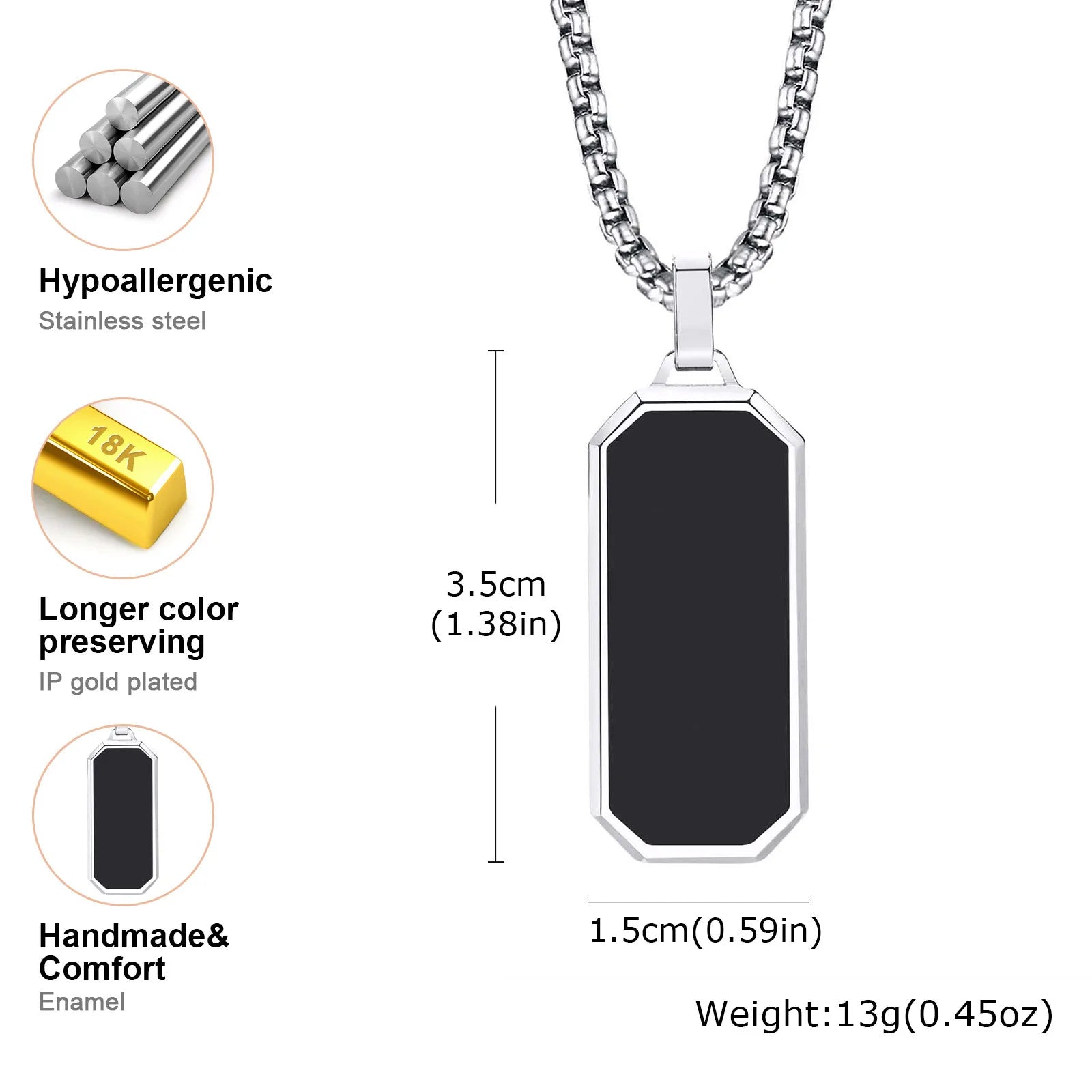 Casual Black Enamel Necklaces for Men,Waterproof Stainless Steel Square Pendant Necklace,Simple Fashion Male Collar Jewelry Gift