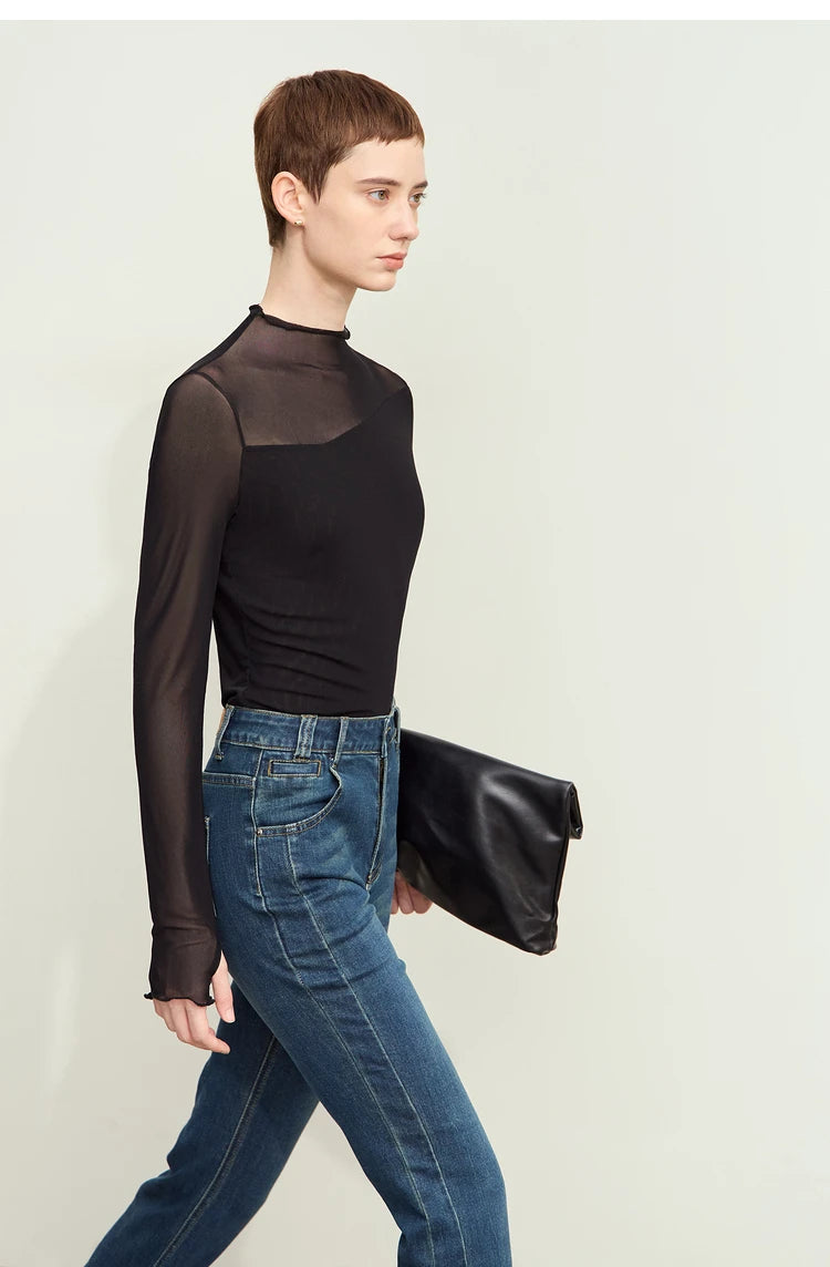 Amii Minimalism Mesh T-shirts For Women 2025 Spring New Office Lady Half-high Neck Micro Perspective Slim Retro Shirt 12423055