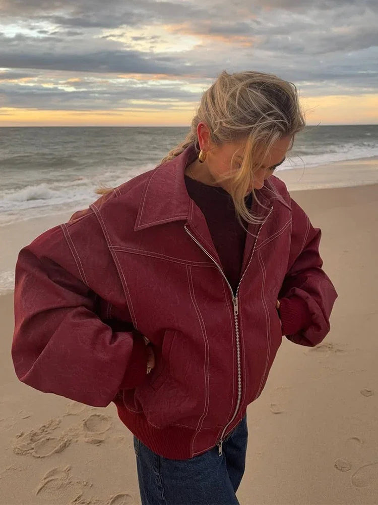 Women's Artificial Leather Short Jacket Retro Red Linen Coat Spliced Zipper Jacket Autumn Women's Lapel Pocket Street Sportswear