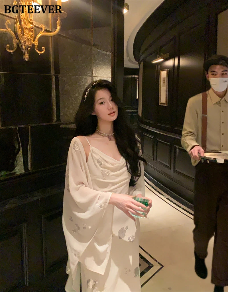 BGTEEVER Autumn Winte Slim OL Embroidery Set Long Sleeve Cardigans & Spaghetti Strap Package Hip Dress Ladies 2 Pieces Set