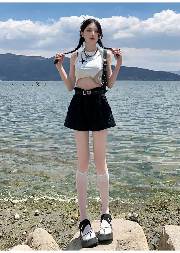 Women's Wine Red Denim Shorts High Waist Wide Shorts Harajuku Streetwear Korean Style Y2k Casual Blue A Line Jean Shorts Summer